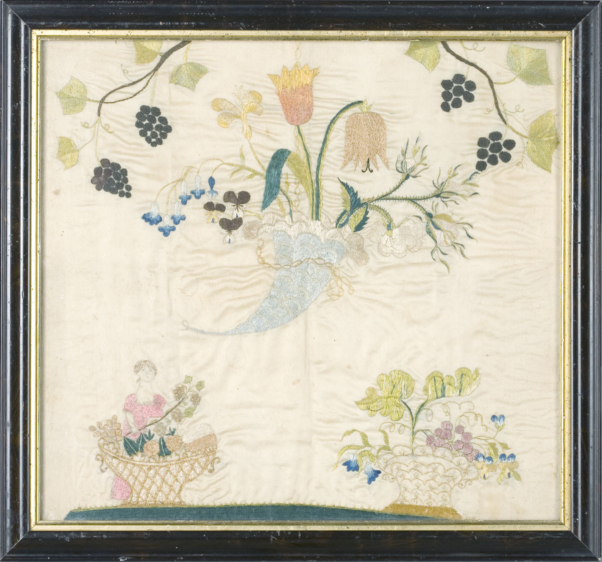 Appraisal: CANADIAN NEEDLEWORK PICTURE DEPICTING A FLOWER FILLED CORNUCOPIA Depicting the