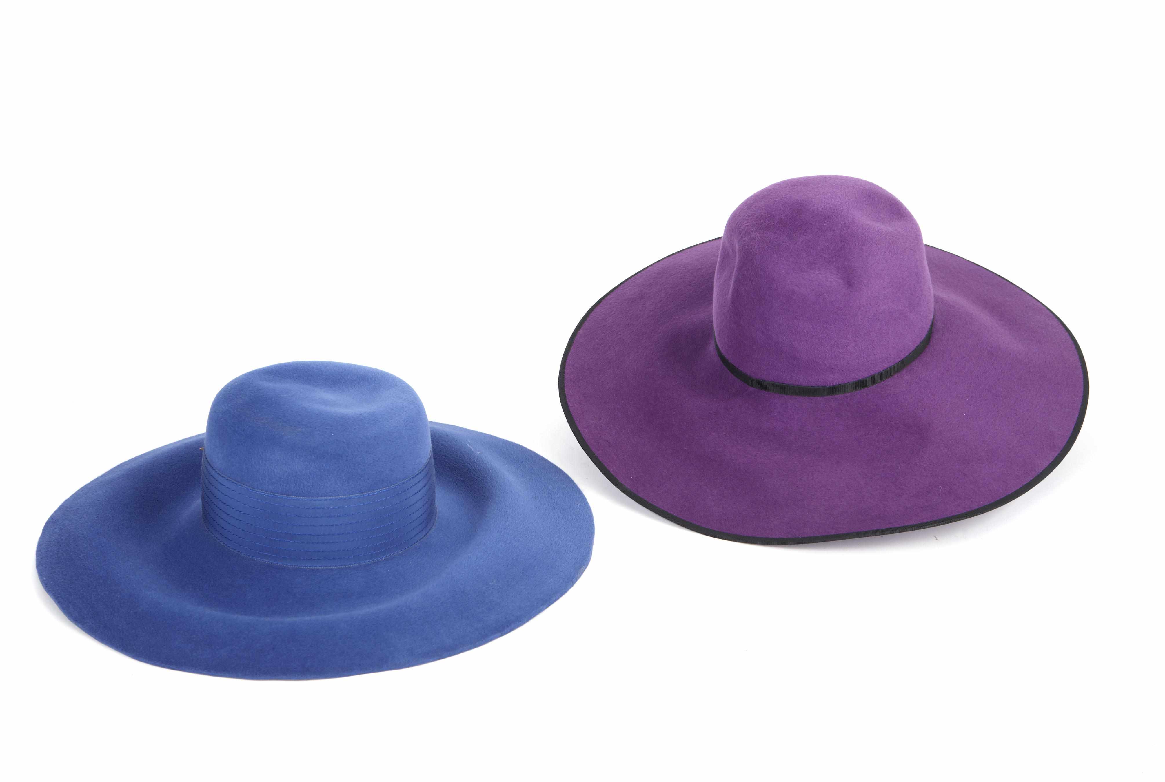 Appraisal: A Galanos purple felt hat together with a Galanos beige