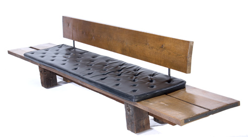 Appraisal: HARRY BALMER Oak plank long bench with black leather cushion