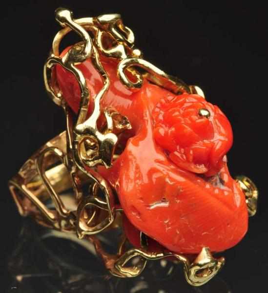 Appraisal: K Y Gold Pink Coral Carved Ring Floral design Weight