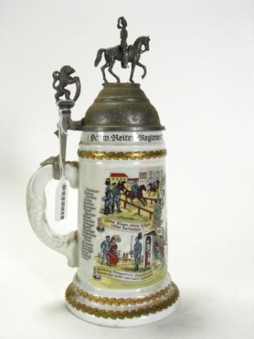 Appraisal: German Regimental Lithopane Stein later reproduction with lion thumb lift