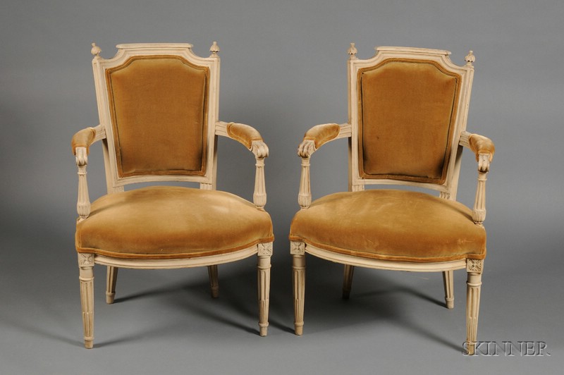 Appraisal: Pair of Louis XVI Style Beige Painted Beechwood Fauteuils en