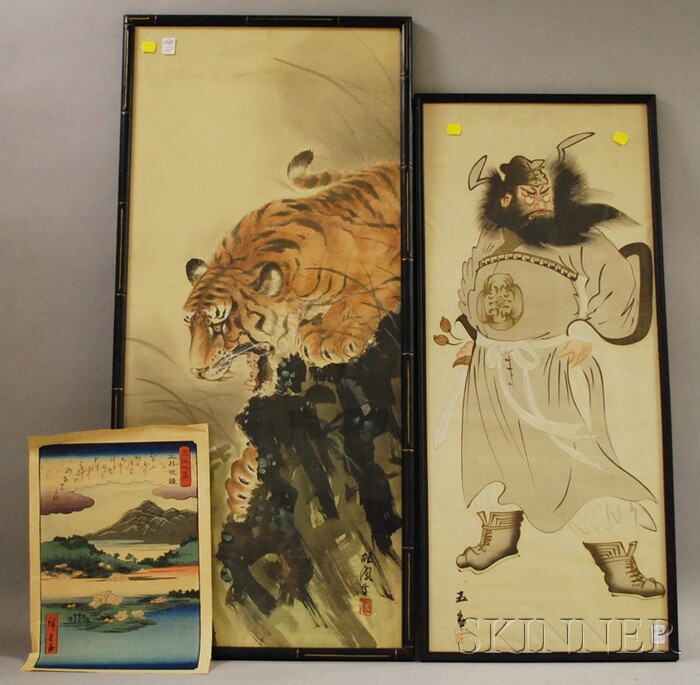 Appraisal: Two Framed Japanese Paintings on Silk and an Unframed Woodblock