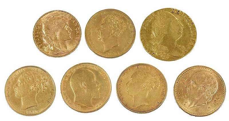 Appraisal: Seven Foreign Gold Coins British George III Guinea British Sovereign