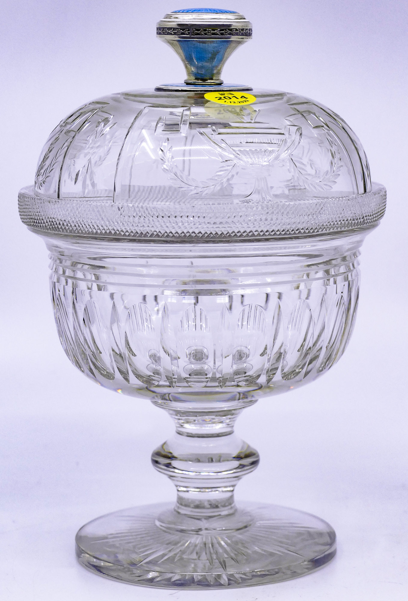 Appraisal: Antique Guilloche Sterling Finial Cut Glass Covered Compote- x ''