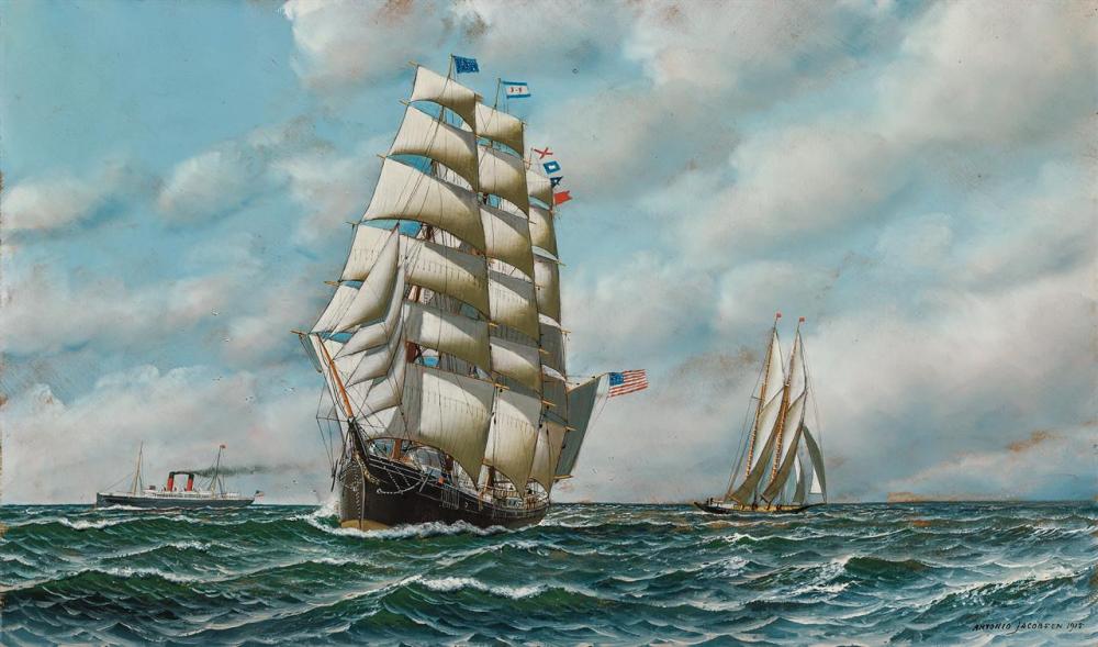 Appraisal: ANTONIO JACOBSEN American - Clipper Ship Passing a Steamship oil