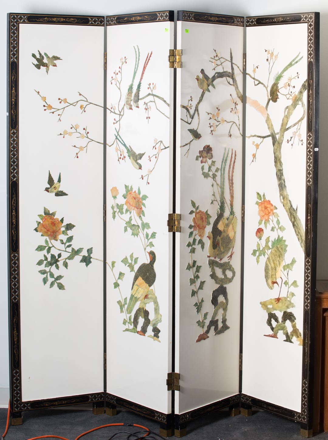 Appraisal: Oriental style folding screen w hardstone insets one piece missing