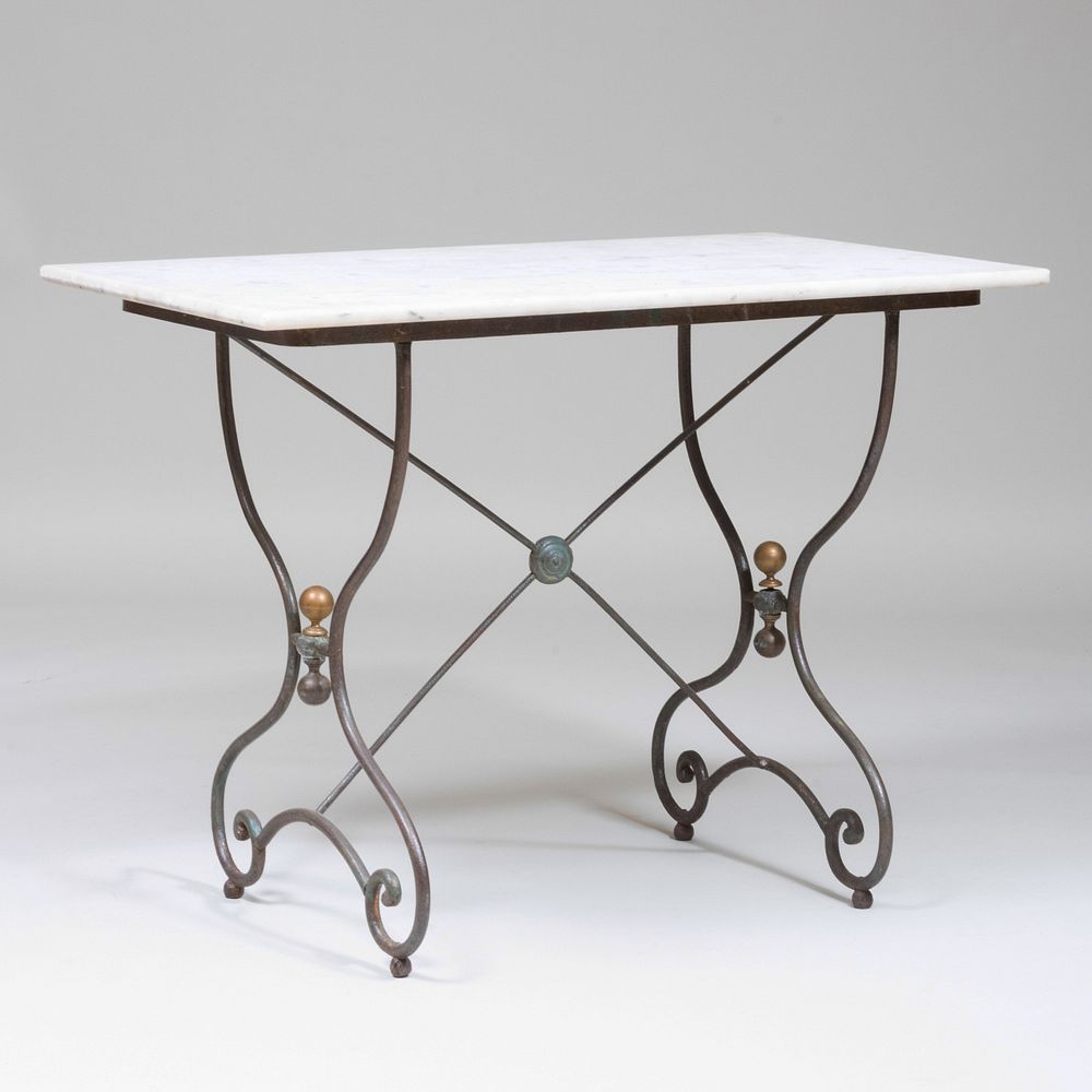 Appraisal: French Patinated Metal and Brass Table with Marble Top x