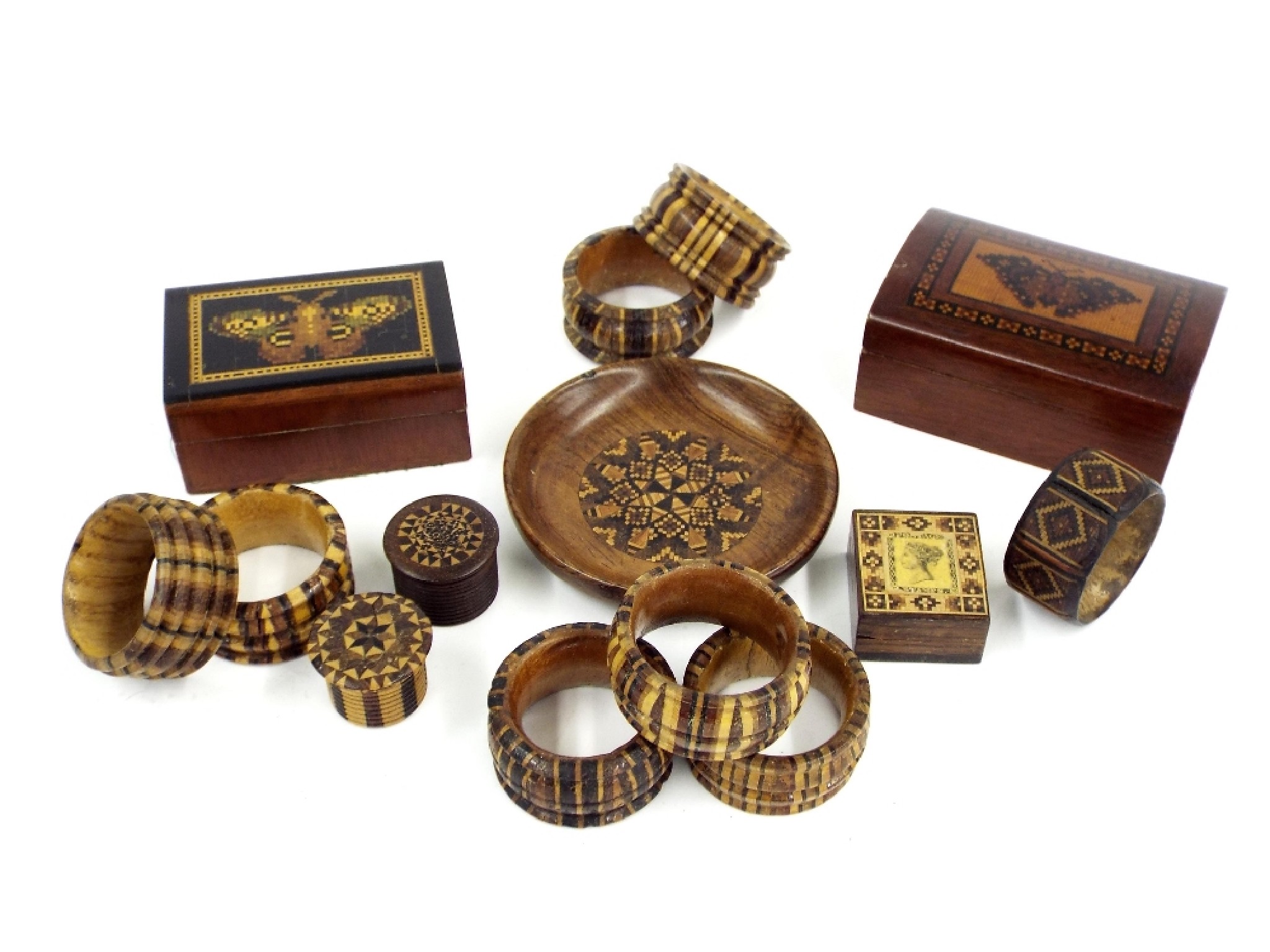 Appraisal: Collection of Tunbridge ware to include two butterfly stamp boxes