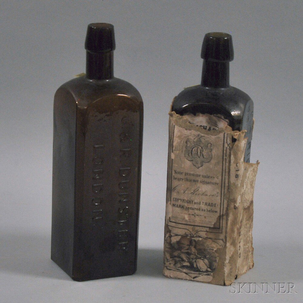 Appraisal: Two Square Amber Bitters Bottles a C A Richards rye