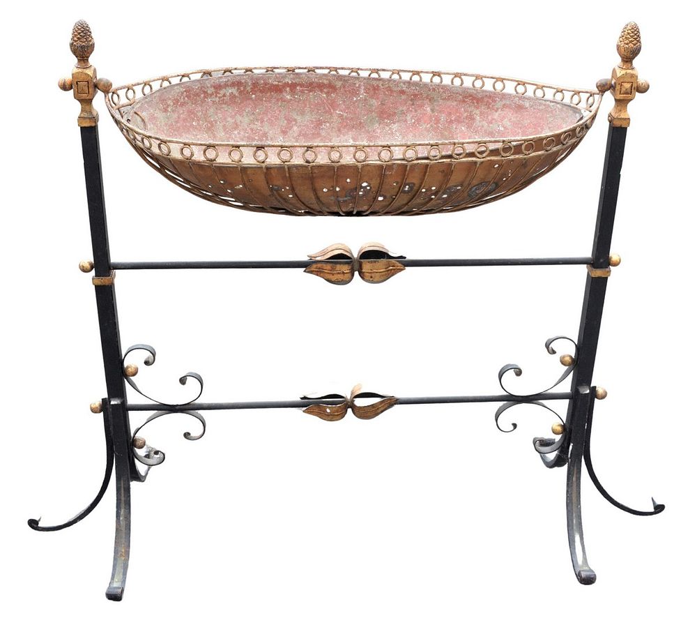 Appraisal: French Iron Swing Planter black with gilt accents height inches