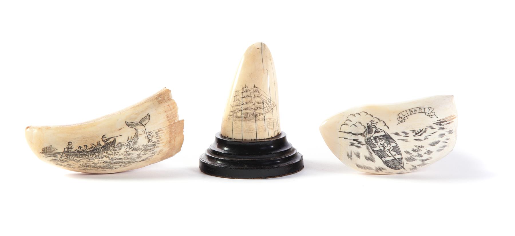 Appraisal: THREE SCRIMSHAW WHALE TEETH Mid th century Sailing ships mounted