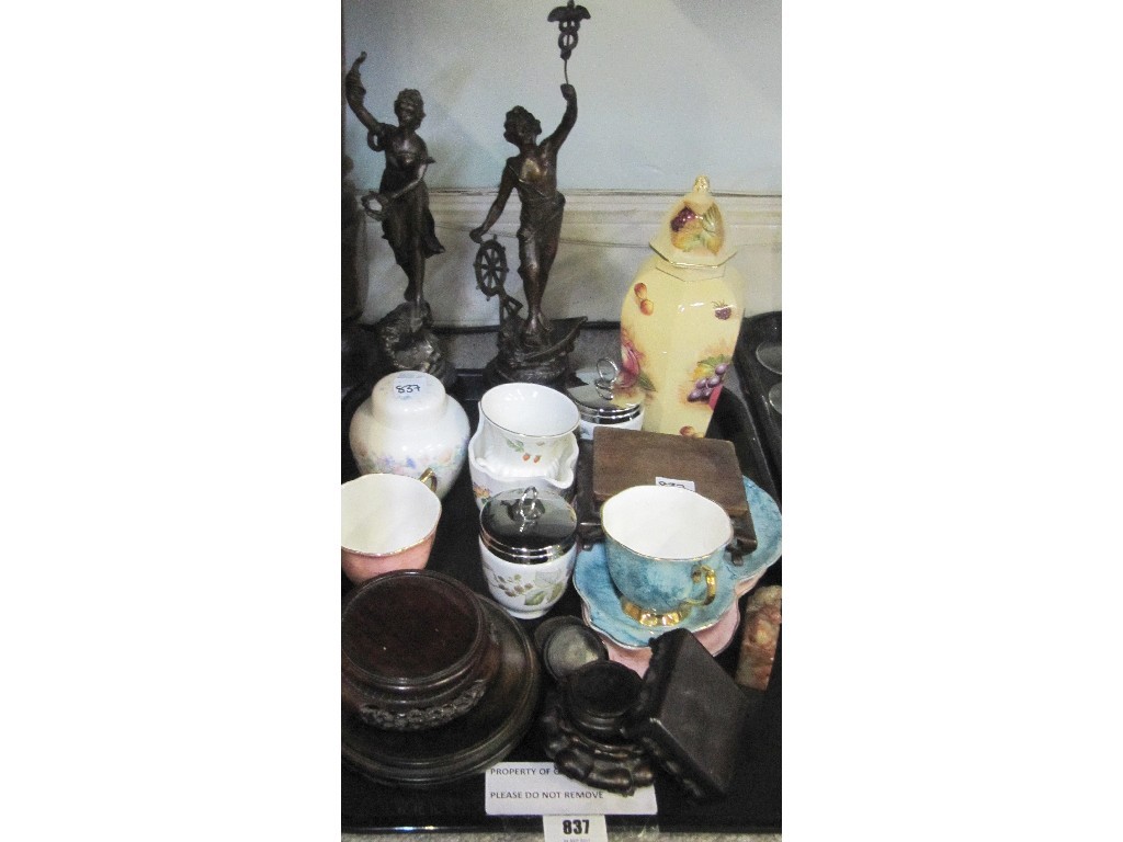 Appraisal: Tray lot to include pair of Spelter figures assorted ceramics