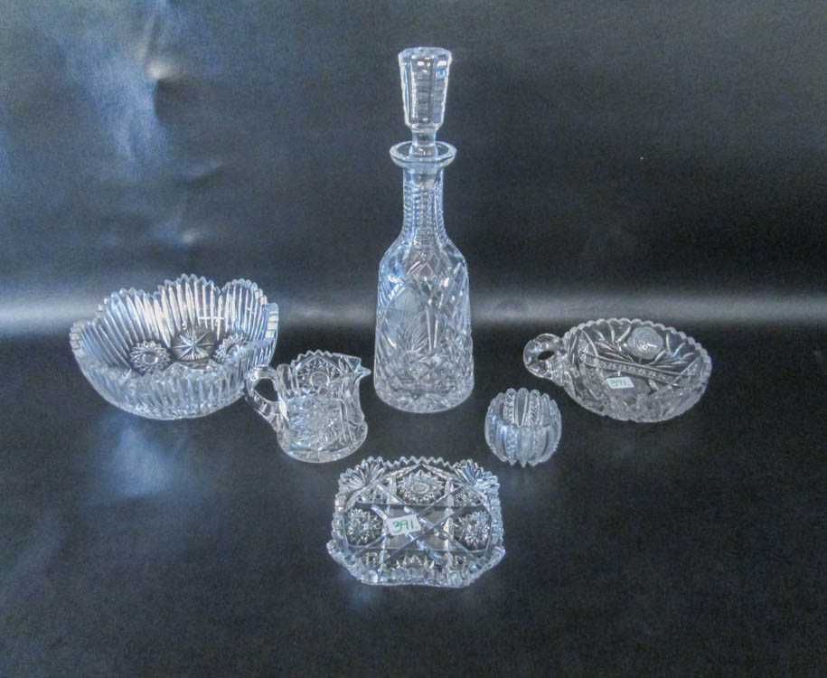 Appraisal: SIX PIECES CRYSTAL TABLEWARE including a stopped bottle one nappy