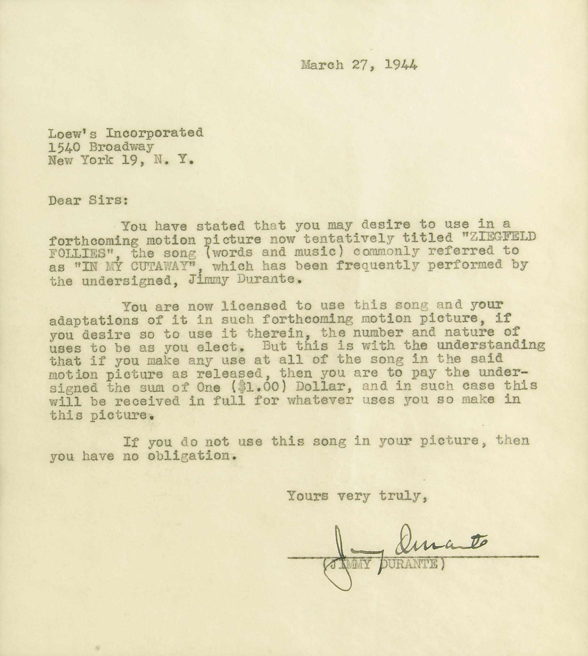 Appraisal: DURANTE JIMMY - Typed Document Signed ''Jimmy Durante'' p to