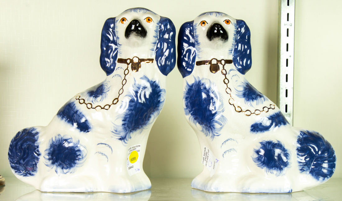 Appraisal: PAIR STAFFORDSHIRE BLUE SPANIELS Pair Staffordshire Blue spaniels h