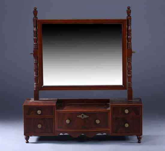 Appraisal: ENGLISH REGENCY BANDED MAHOGANY DRESSING MIRROR th century Finial-topped ring-turned