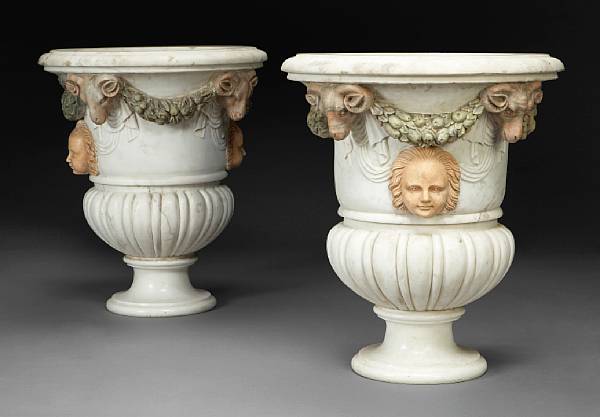 Appraisal: A pair of Neoclassical style marble garden urns Each of