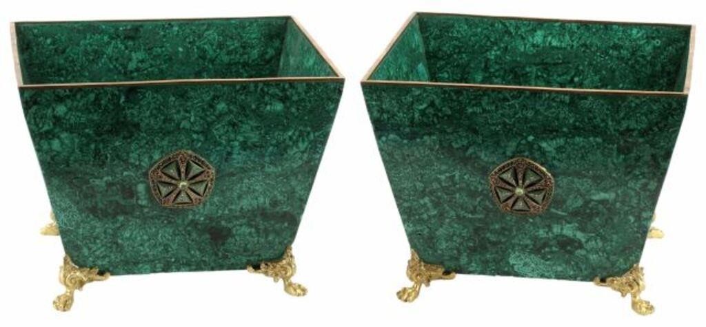 Appraisal: pair Jeweled malachite veneered square jardinieres cache pots on bronze