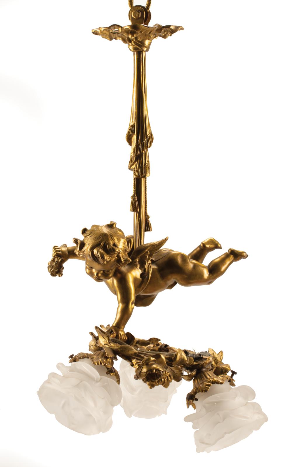 Appraisal: Diminutive Gilt Bronze Figural Three-Light Chandelier modeled as a cherub