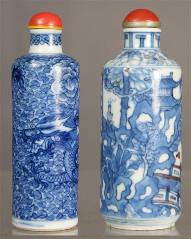 Appraisal: Cylindrical porcelain snuff bottles with blue underglaze dragon decoration coral