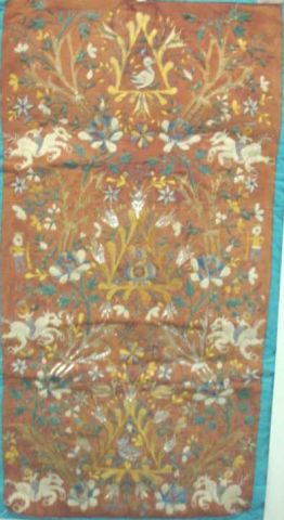 Appraisal: Vintage Decorative Embroidered Tapestry with birds mythological creatures and figures