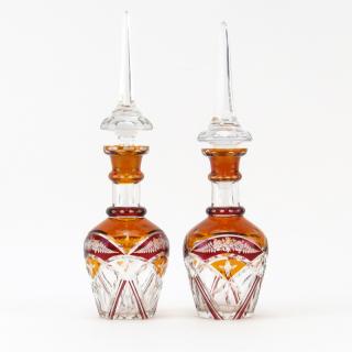 Appraisal: Pair Vintage Bohemian Etched Cut and Colored Glass Decanters With