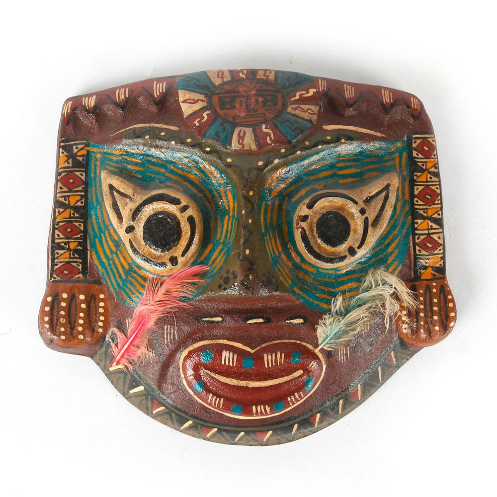 Appraisal: TRIBAL HAND PAINTED MASK FEATHERS ATTACHED Hand-painted vibrant colors and