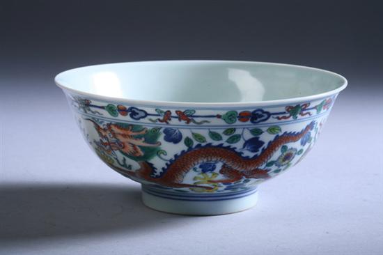 Appraisal: CHINESE DOUCAI PORCELAIN DRAGON BOWL Qianlong underglazed blue seal mark