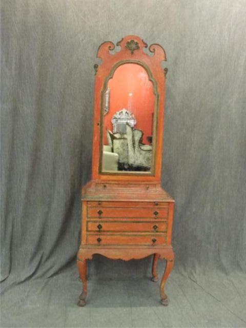 Appraisal: Red Painted Queen Anne Style Secretary with Marble Front From