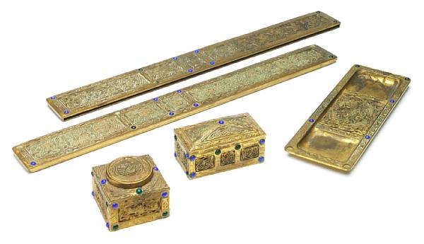 Appraisal: A Tiffany Studios gilt-bronze and enamel Ninth Century five-piece desk