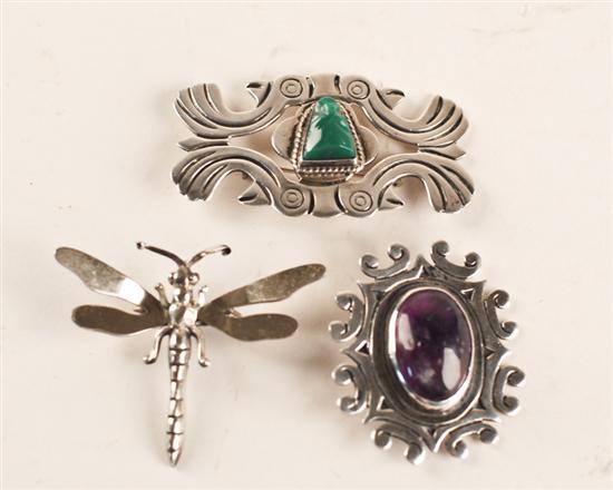 Appraisal: Three Sterling Brooches a Taxco brooch set with a carved