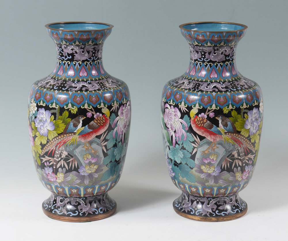 Appraisal: PAIR CHINESE CLOISONNE BIRD FLOWER VASES Baluster form neck and