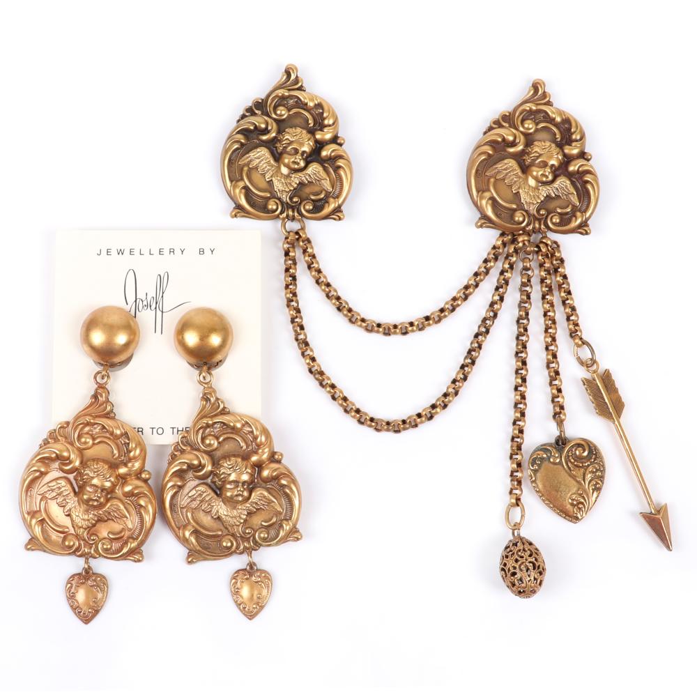 Appraisal: JOSEFF OF HOLLYWOOD CHATELAINE AND EARRING SET WITH REPOUSSE CHERUBS