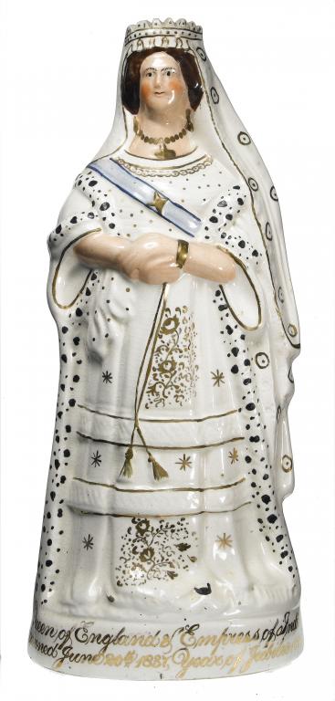 Appraisal: A STAFFORDSHIRE FLATBACK PORTRAIT FIGURE OF QUEEN VICTORIA sparsely enamelled