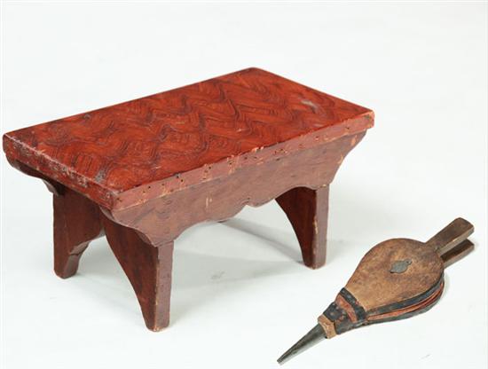 Appraisal: FOOTSTOOL AND MINIATURE BELLOWS American mid th century pine Cutout