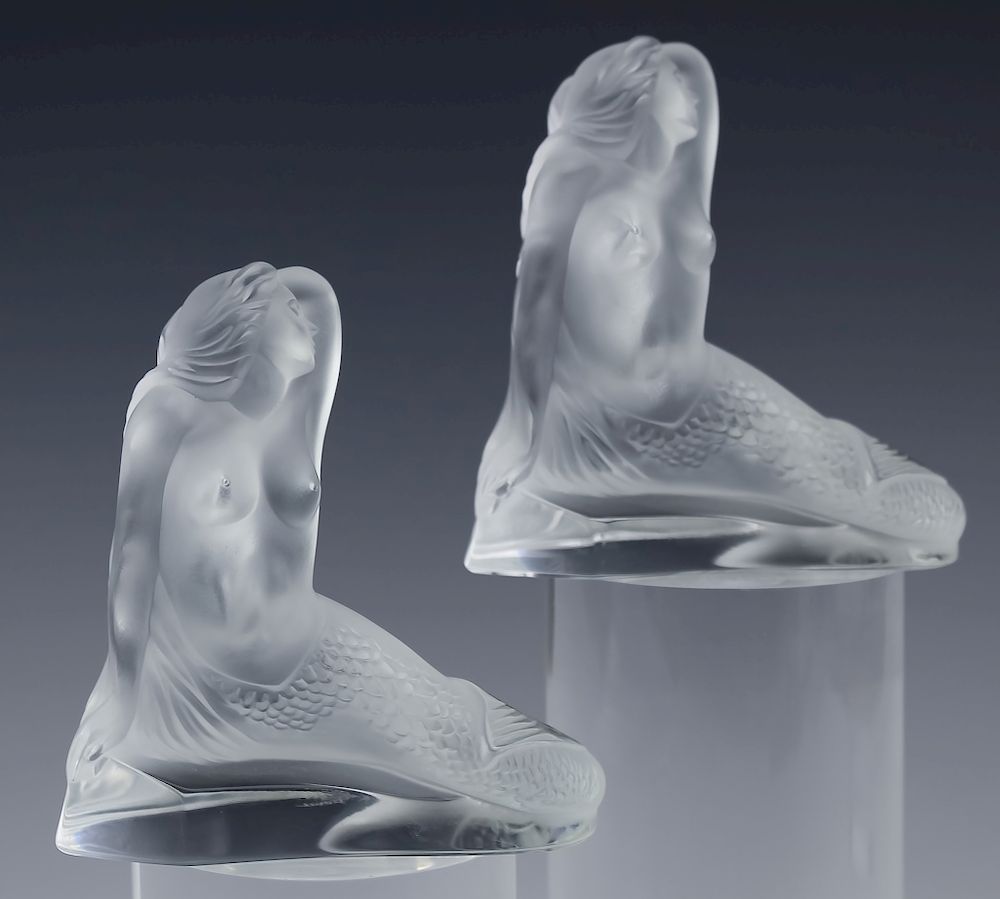 Appraisal: Lalique French PAIR of Art Glass Mermaid Sculpture Pair of