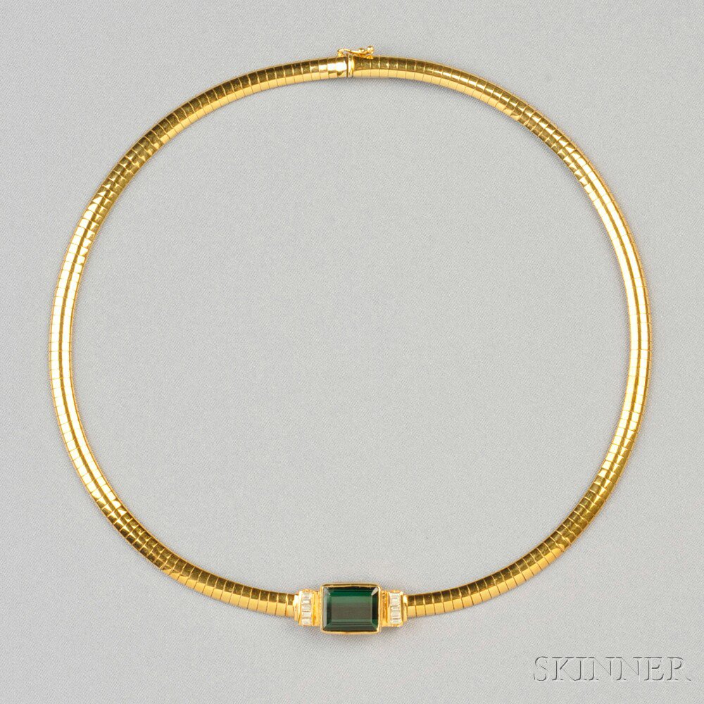 Appraisal: kt Gold Green Tourmaline and Diamond Necklace bezel-set with an