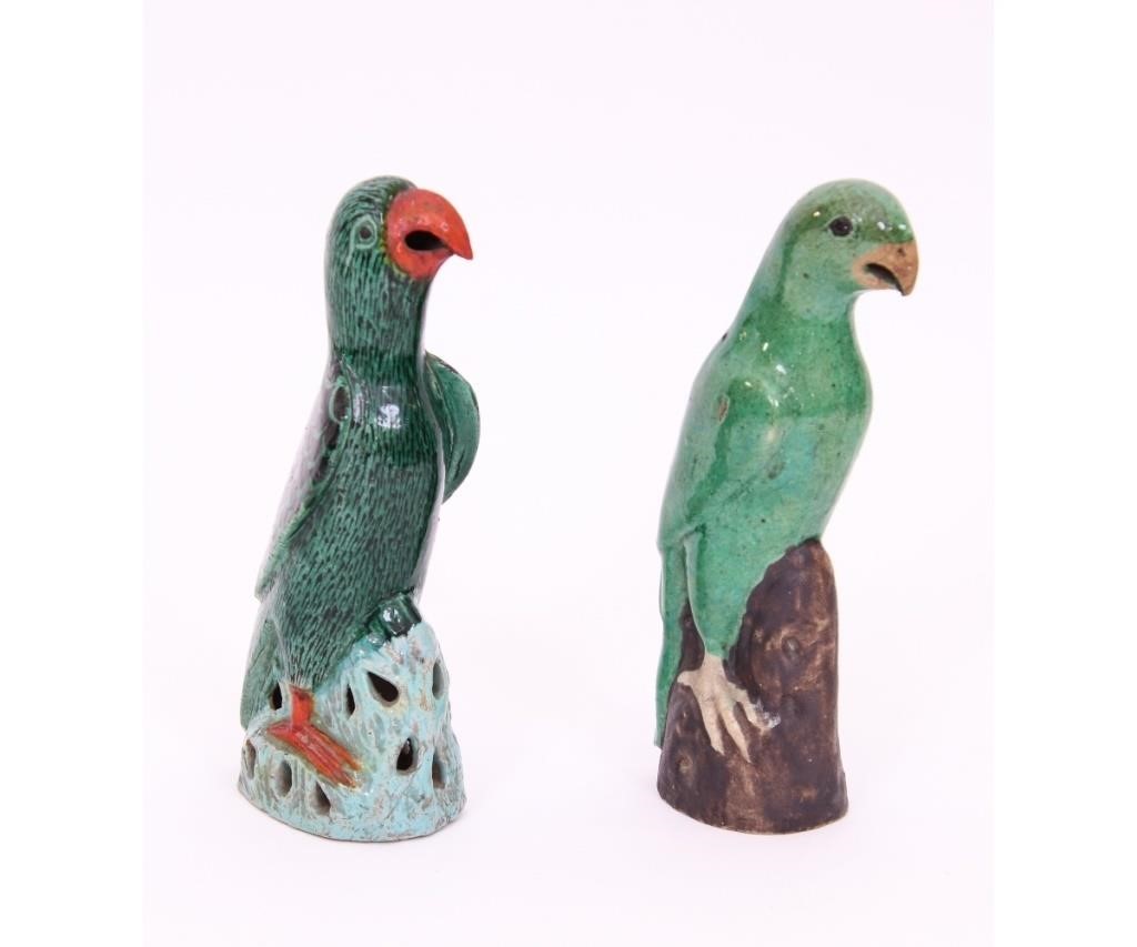 Appraisal: Two Chinese porcelain green glazed parrots probably th c Each