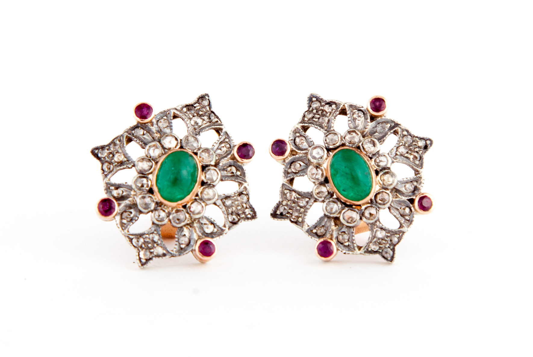 Appraisal: VICTORIAN-STYLE EMERALD RUBY AND ROSE CUT DIAMOND EARRINGS European early