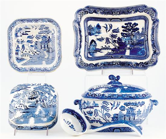 Appraisal: English blue-and-white transferware serving pieces covered soup tureen with ladle