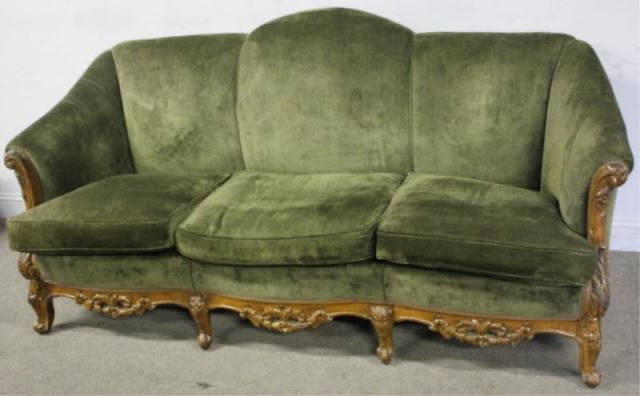 Appraisal: Victorian Green Velvet Upholstered Sofa Great looking with carved wood