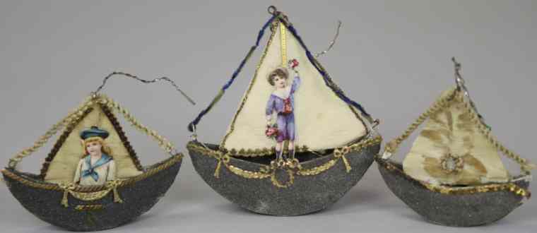 Appraisal: THREE DRESDEN TRIM SAILBOATS Germany fine crushed glass base with