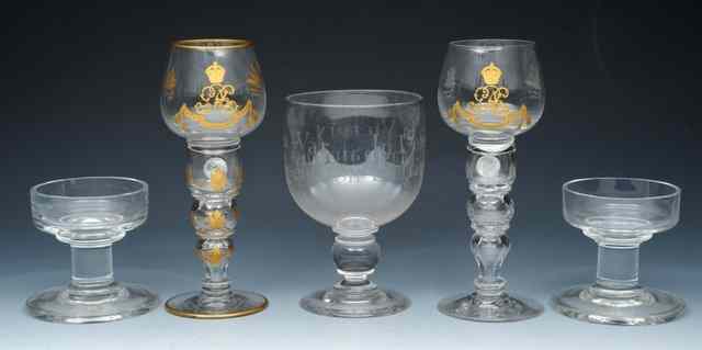 Appraisal: A PAIR OF CORONATION GLASSES each with coin inset stem