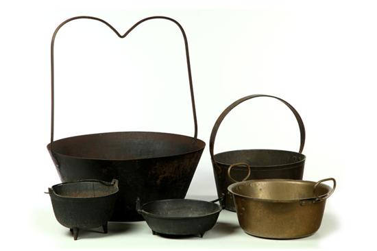 Appraisal: FIVE BRASS AND IRON COOKING PANS Late th-early th century