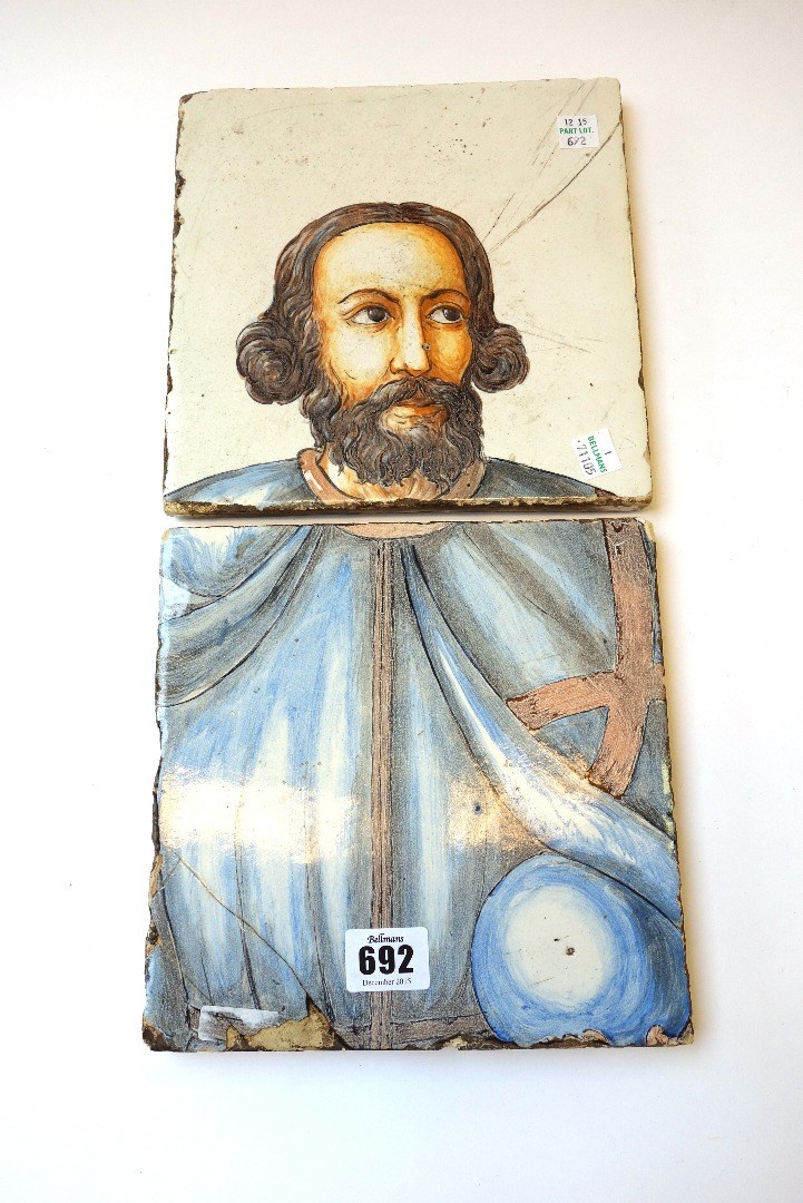 Appraisal: A tin glazed two tile panel probably Spanish or Portuguese