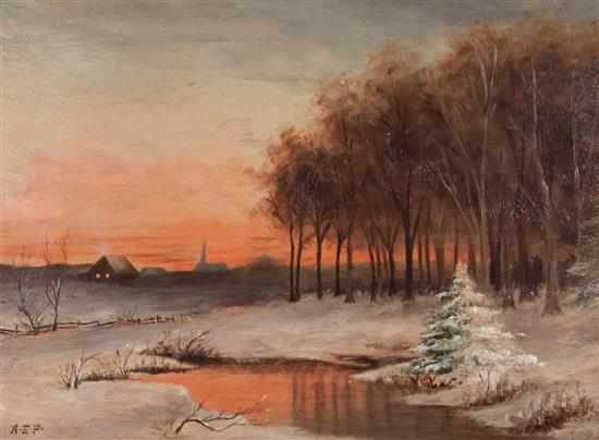 Appraisal: American School early th century Winter Landscape at Sunset oil