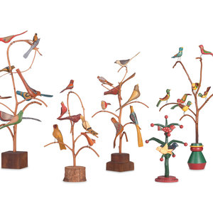 Appraisal: Five Carved and Painted Wood Folk Art Bird Trees th