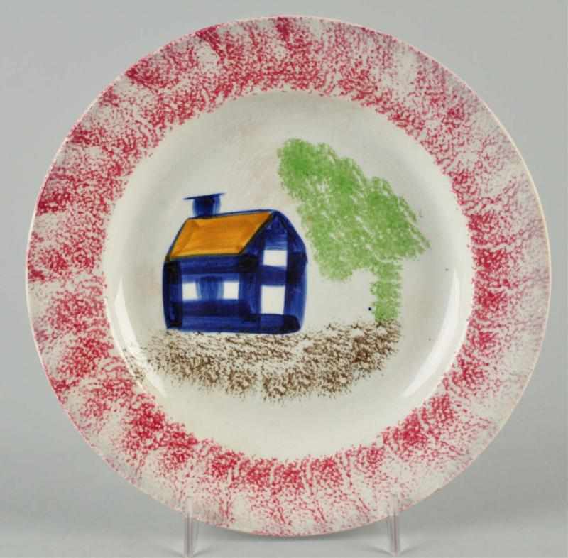 Appraisal: Spatterware Plate Description Circa Red with blue and green school