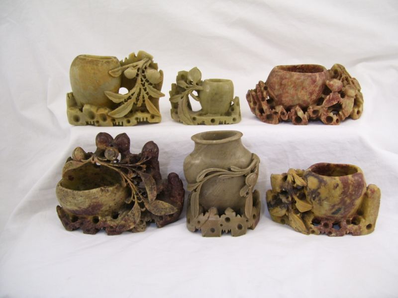 Appraisal: - Carved Soapstone vases Includes Bowl with fruit decoration measures